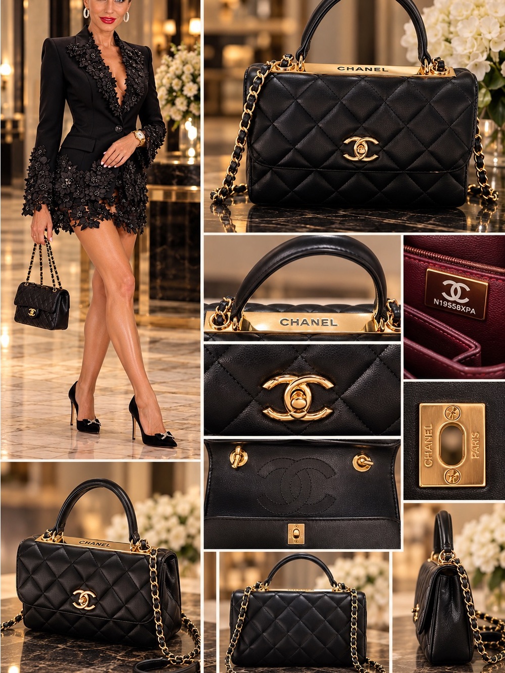 CHANEL Black Quilted Top-Handle Satchel with Gold Hardware